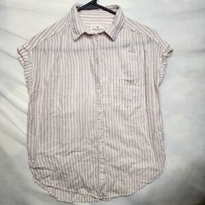 American Eagle Striped Button Down Shirt Womens XS Tan White Cap Sleeve Casual